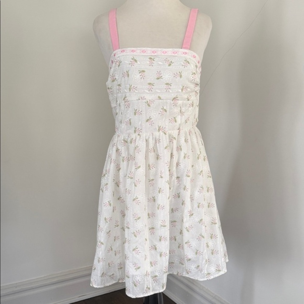 Alter’d State White Mini Dress with Pink Straps and Floral Embroidery Medium